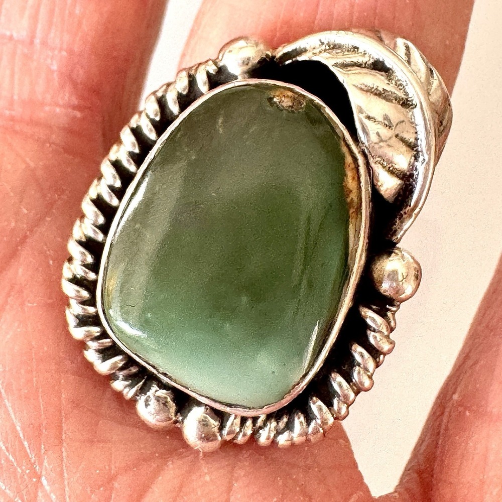 VTG Navajo Green Royston Turquoise Ring Sz‎ 5.5 Sterling Silver 10g Feather Leaf